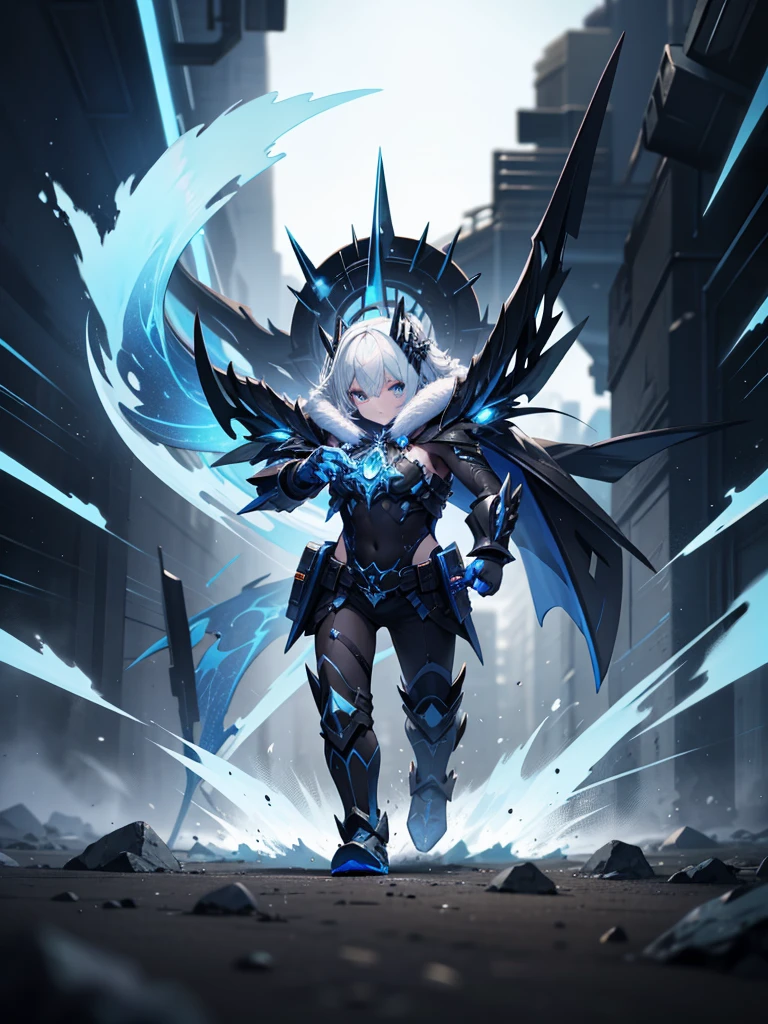 metal spikes pierce ground, blue aura arcs in air, no people, white and black blur