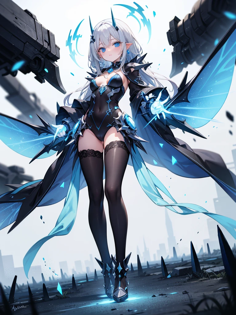 metal spikes pierce ground, blue aura arcs in air, no people, white and black blur