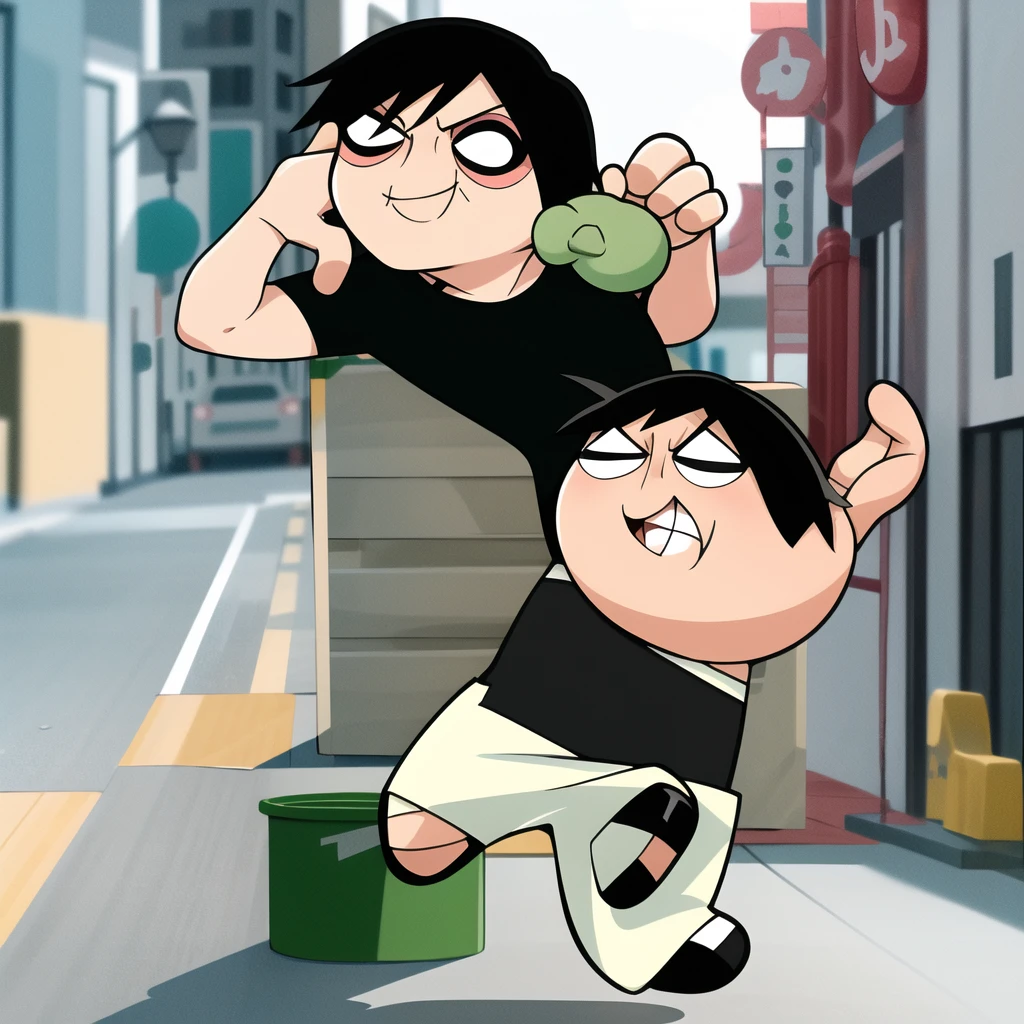 ushiguro toji, muscular male, black shirt, short sleeves, pants, monster edgGesugao, cute smile, full body, chibi, black hair, rubbish bin background, (((Solo)))