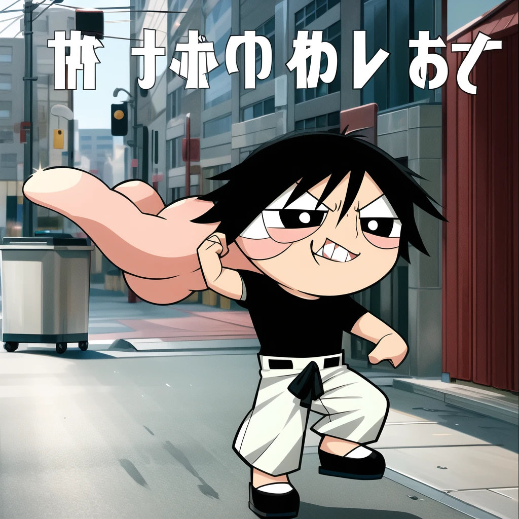ushiguro toji, muscular male, black shirt, short sleeves, pants, monster edgGesugao, cute smile, full body, chibi, black hair, rubbish bin background, (((Solo)))