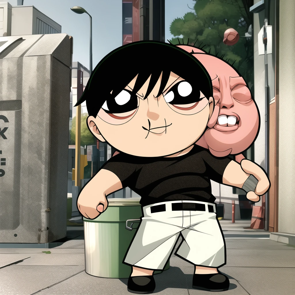 ushiguro toji, muscular male, black shirt, short sleeves, pants, monster edgGesugao, cute smile, full body, chibi, black hair, rubbish bin background, (((Solo)))