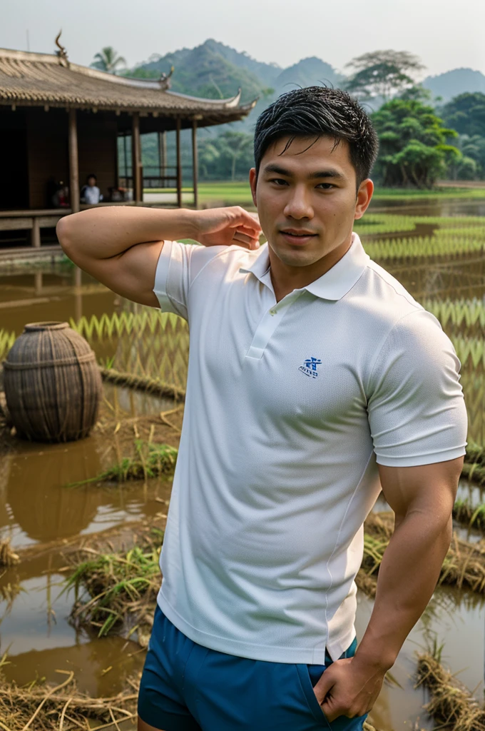 独奏 , 1 person , Portrait of a handsome Asian rugby player with short hair, a muscular beard, big muscles, wearing a white polo shirt, wet, outdoors, rice field, countryside, hut, Thailand, Laos, Burma, Asia.