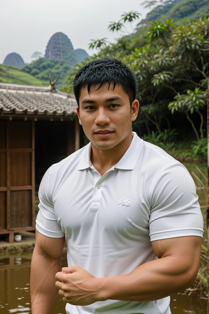 独奏 , 1 person , Portrait of a handsome Asian rugby player with short hair, a muscular beard, big muscles, wearing a white polo shirt, wet, outdoors, rice field, countryside, hut, Thailand, Laos, Burma, Asia.