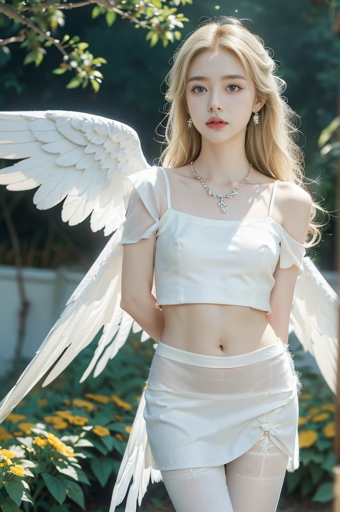 (((best quality))), (((ultra detailed))), (((masterpiece))), illustration,((1 beautiful little girl,solo,angel)),((fair skin,shoulder length straight blonde hair,blue eyes)),(earrings,crystal necklace),((slim,thin,small breasts,flat chest)),joyful expression,(white wings:1.3),(flowing short-sleeved white sheer dress:1.3),((In heaven, garden setting)), vibrant flowers,(colorful flowers:1.3),lush grass, gentle breeze, (clear sky, fluffy clouds, shining sun),((navel)),((from front,standing,upper body,arms behind back)),((pantyhose))