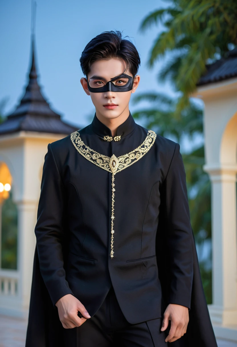 Create the image of a young boy of 20 years, Thai, handsome, who has silver and bright eyes, he is a sorcerer, from the narix up he wears a black mask and wears black gala clothes, behind him, rising in the night, has a Victorian mansion of stone. NIGHT SCENE  