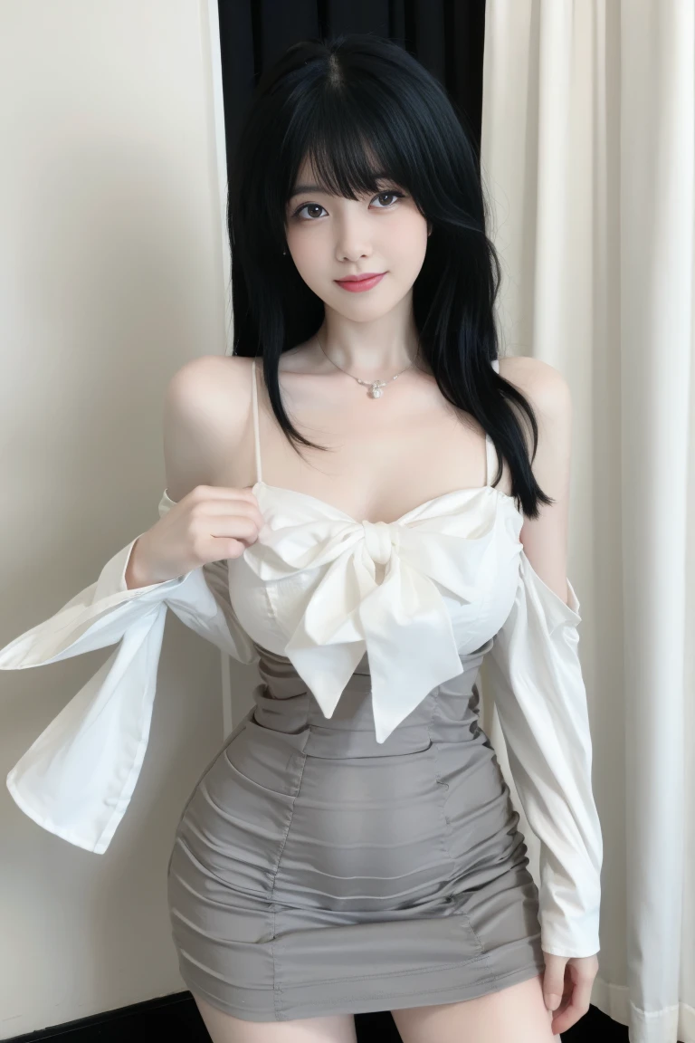 best quality, tmasterpiece,Ultra-high resolution,Clear face,(Reality:1.4),ferpect lighting,(upper body shot:1.5), (photorealistic:1.50), anime wallpaper, Guviz style artwork, cover-up fantasy up to magic , by Yang J, Guviz, beautiful artwork illustration, beautiful digital artwork, beautiful digital illustration, Li Song, beautiful anime portrait, art style in Beauvot,1girl,black hair,bangs, smile,(front:1.3),(standing:1.3),cowboy shot,
Sweet girl outfit5, high waist skirt, Black skirt,indoor,In the room, pose Selfi, (Curtain Background:1.3), mirror,