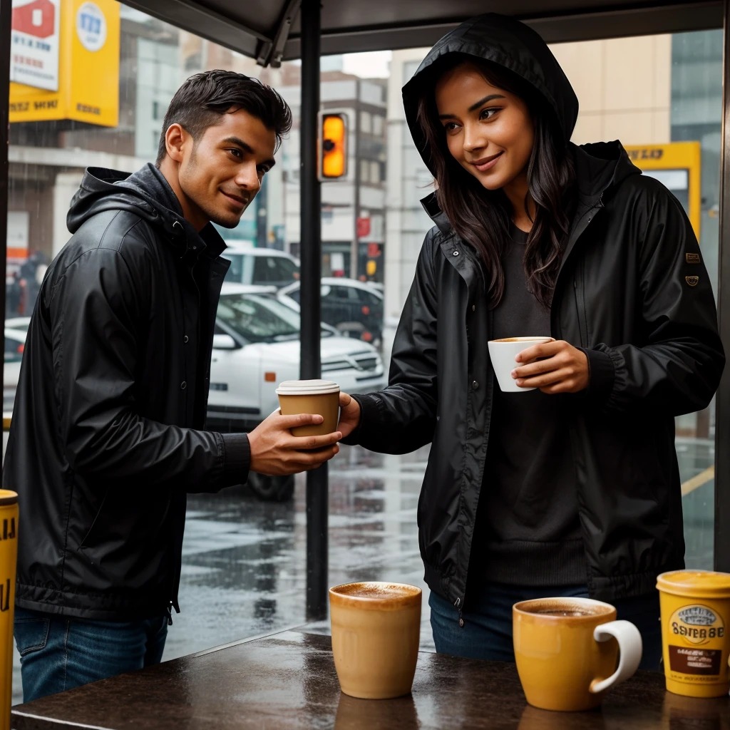 He pulled his hood tighter over his head, feeling the rain seep through his jacket, chilling him to the bone.
He turned the corner and saw the familiar yellow food truck glowing in the dusk. His heart skipped a beat as he saw her silhouette behind the counter, busy with her routine. The place was empty, no one braving the rain for a quick bite or drink, and he was glad for it.
He approached the truck, the rain pounding a steady rhythm on its roof. She looked up as he neared, a smile breaking across her face.
"Your usual?" she asked, already reaching for the cup."Yeah, thanks," he replied, his voice slightly shaky, not entirely from the cold.
As she handed him the coffee, their fingers brushed briefly. They had shared many conversations, but today felt different. The rain fell harder, and the silence between them stretched, filled with unspoken words. He took the last sip of his coffee, feeling a surge of determination. Placing the cup back on the counter, he looked at her and asked, "Would you like to go out sometime?"
Her eyes widened in surprise, a blush creeping up her cheeks. For a moment, he feared he had made a mistake. But then she smiled, a bright, beautiful smile that chased away all his doubts."I'd like that," she replied softly, her voice barely audible over the rain.