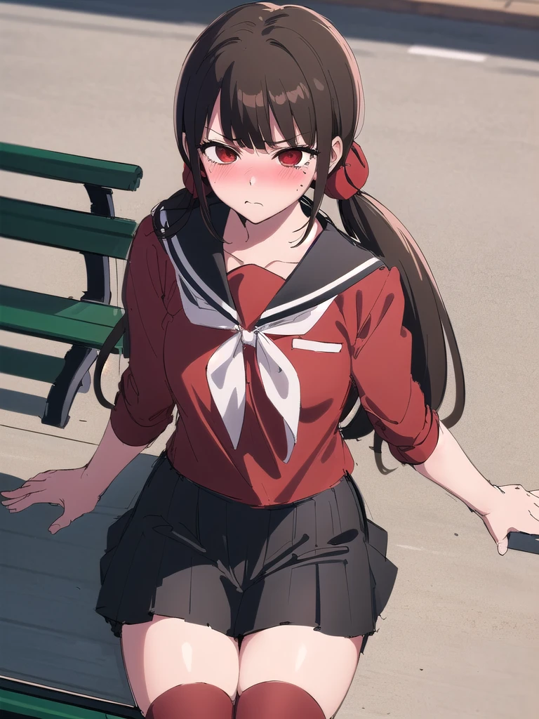 ((anime:1.35)),((best quality)), ((highly detailed)),(((sketch))) extremely detailed face, beautiful face,((1girl)),((solo)),shiny skin,((cowboy shot:1.45)),(tall body, tall, long legs, mature female, mature, adult),Harumaki, red eyes, brown hair, ((low twintails)),((long  hair:)) red scrunchie, ((blunt bangs)),hairclip, white bow, ((red serafuku:1.35)),  ((red serafuku:1.35))  ((red serafuku:1.35)), black sailor collar, ((black skirt:1.15)), pleated skirt, sleeves rolled up,((skirt lift)),(half closed eyes)
,((pussy:1.45)),((pussy))((pussy)) ,((pussy)) ,((pussy)) ,((nose blush:1.15)),((thick thighs)),,(displeasure:1.1),(looking at viewer),BREAK ((park ,bench:1.35)),((sit on bench:1.35)),((sitting:1.35))outdoors,((red thighhighs)),(from above)