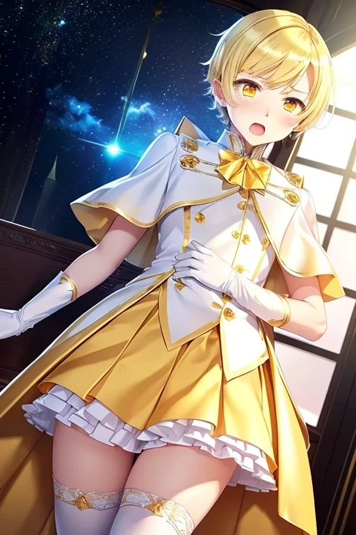 (((ultra detail game CG))), (((ultra detail background))), (((ultra detail boy))), (((ultra detail clothes))), (((best quality))), (((masterpiece))), (((beautiful satin clothes shading))), (()), (((yellow magical boy))), (((yellow satin dress))), (((yellow satin pleated skirt))), ((yellow short hair)), ((yellow eyes)), (((white satin long gloves))), ((white satin knee socks)), ((white satin cloak)), ((night galaxy)), (((blushed))), (((ashamed))), (((ecstasy))), ((tired)), otokonoko, open mouth