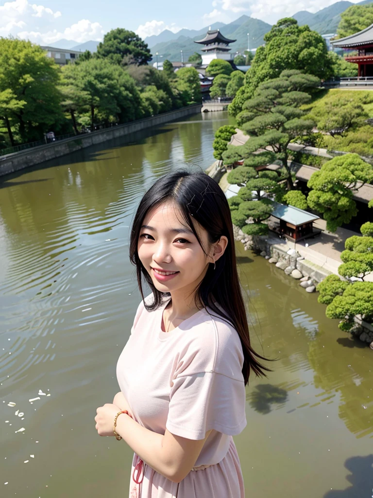 Smiling Asian woman with Kyoto river in the background