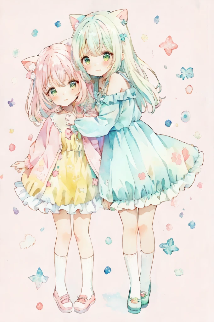 anime characters hugging each other in a cartoon style, cute art style, cute anime, cute anime style, pastel coloring, two beautiful anime smiling girls, soft anime illustration, soft cute colors, beautiful anime art style, cute colorful adorable, pastel colors only, anime smiling girls, anime art style, colorful pastel, decora inspired illustrations, kawaii anime manga style, loish and clamp style