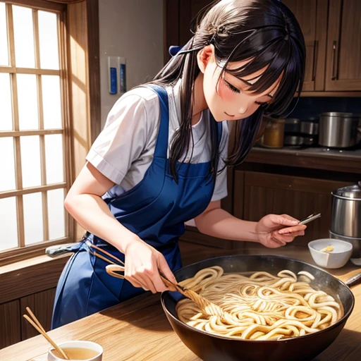 A woman making udon noodles