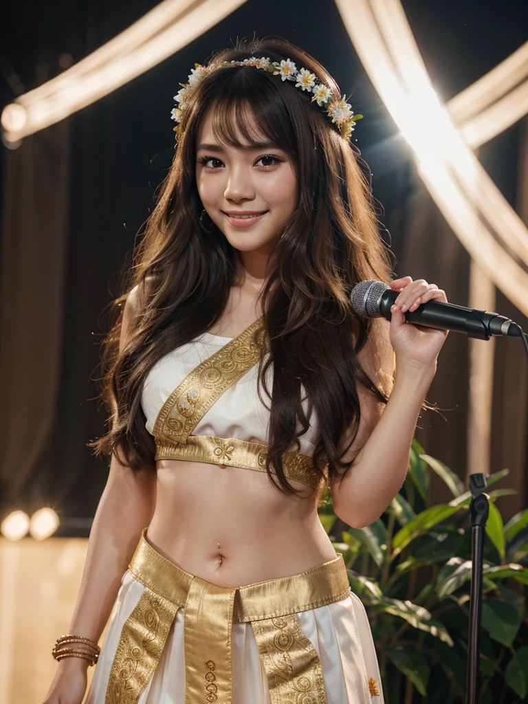 8k highest quality, high resolution, realistic, realistic, live stage with many viewers, one girl, Thai idol, long hair, beautiful, has.flower garland. Full neck, cute ((KARA)) ready to smile on stage, holding a microphone, showing off a gorgeous outfit, turning on beautiful lights.