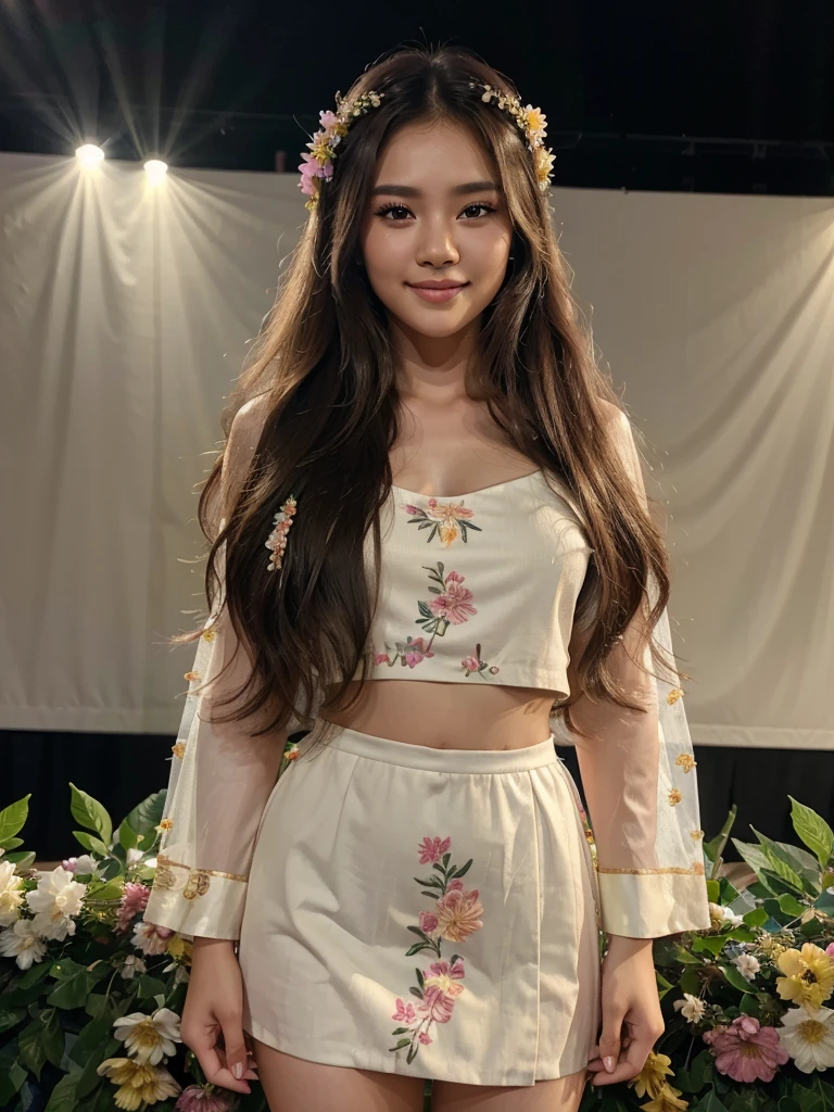 8k highest quality, high resolution, realistic, realistic, live stage with many viewers, one girl, Thai idol, long hair, beautiful, has.flower garland. Full neck, cute ((KARA)) ready to smile on stage, holding a microphone, showing off a gorgeous outfit, turning on beautiful lights.