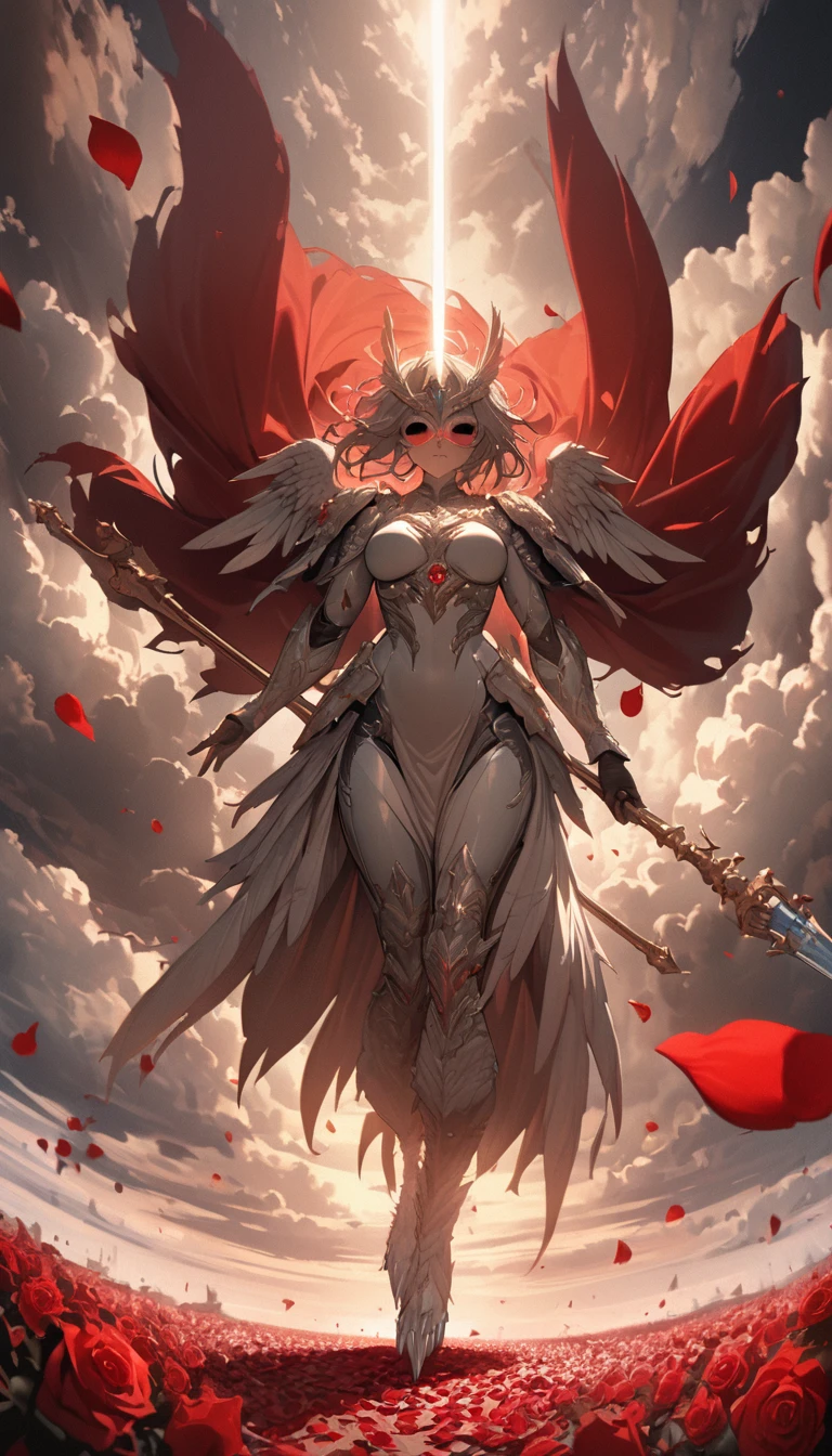 woman，((Holding an oversized and heavy scepter)), （（silver white）），Silver ancient heavy armor, Extra thick helmet，There are small wings on the sides, (((Smooth Mask)), Wrap the whole body, ((Red Cape)), ((Beautiful six-winged battle angel woman)), Handsome face, Full body view, (((Light beam)), (((feather)), ((Thick clouds under your feet)), (((Rose petals fall))), Stereoscopic perspective, masterpiece, Facial details, very good, 16k resolution, high quality, light, High Detail, Dynamic perspective, detailed, Epic Shooting