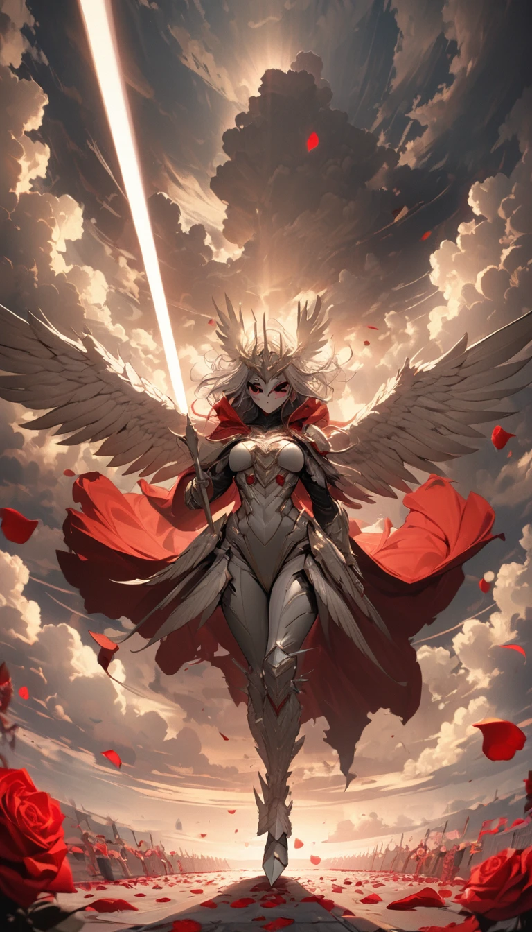woman,((Holding an oversized and heavy scepter)), ((silver white)),Silver ancient heavy armor, Extra thick helmet,There are small wings on the sides, (((Smooth Mask)), Wrap the whole body, ((Red Cape)), ((Beautiful six-winged battle angel woman)), Handsome face, Full body view, (((Light beam)), (((feather)), ((Thick clouds under your feet)), (((Rose petals fall))), Stereoscopic perspective, masterpiece, Facial details, very good, 16k resolution, high quality, light, High Detail, Dynamic perspective, detailed, Epic Shooting
