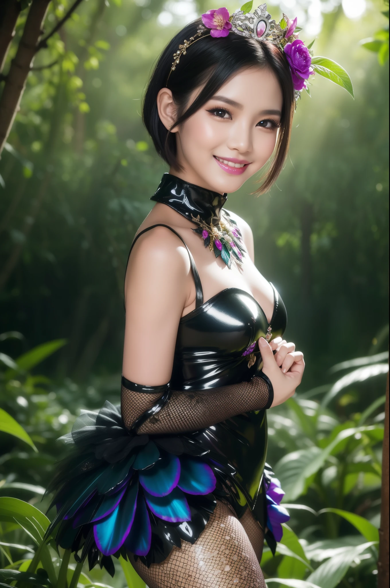 sexy Thai model who controls poison、beautiful smile、lipgloss、dramatic makeup、look at the camera、full body Esbian、、sparkling poisoned enchanted flower costume、、、、shiny sparkling colorful short hair、secrete poison、skull hair accessories、fishnet tights、shiny sparkling dark magic forest background