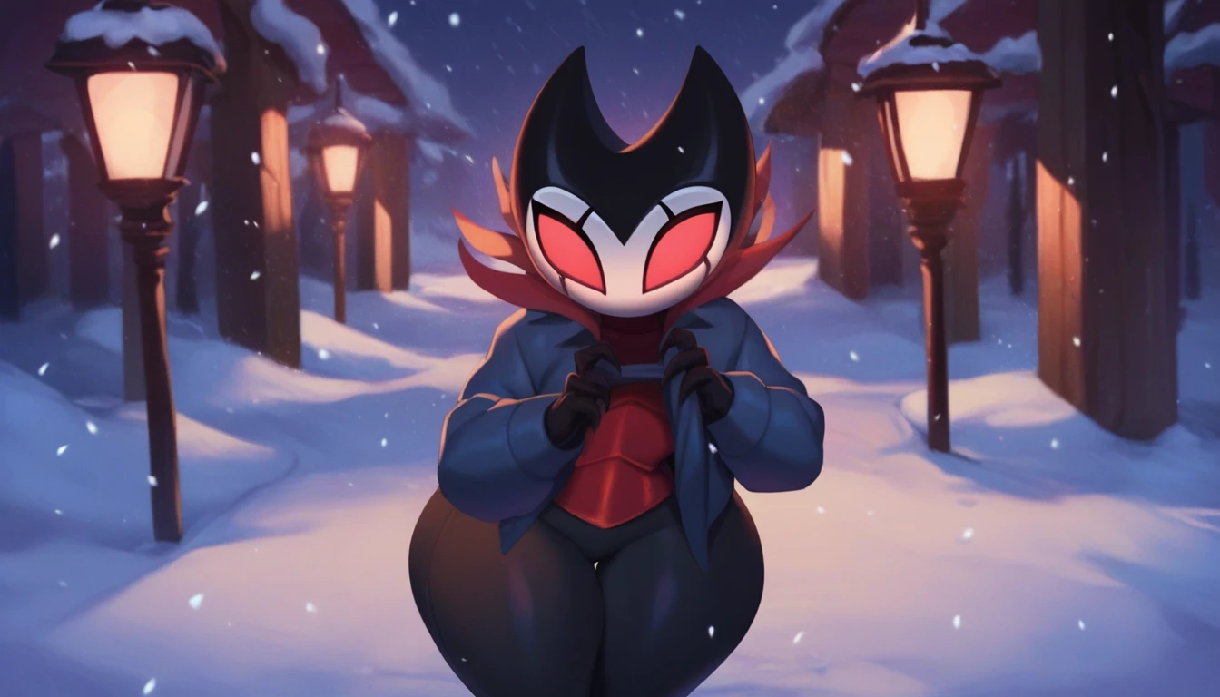 score_9, score_8_up, score_7_up, score_6_up, zPDXL2, grimm \(hollow knight\), vampire, bat, 1boy, solo, cute face, detailed eyes, anthro, clothed, landscape, looking at the viewer, thick thighs, highlight thighs, It's snowing outside, it's night, a lamp is on nearby, grabbing your shirt, pov, smug face, outdoor, winter coat, winter pants 