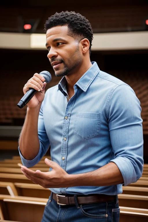 handsome male 40 years old, light skin mixed race brushback hair wearing a casual clothes preaching with microphone highlights with Men Wedding Ring detailed, auditorium hall talking with a young people hiquality, with a ring, hazel eyes, hyper-realistic, speaking happy, Realism, Canon, Nikon, 85mm, HD, 4K, best quality, high details, texture