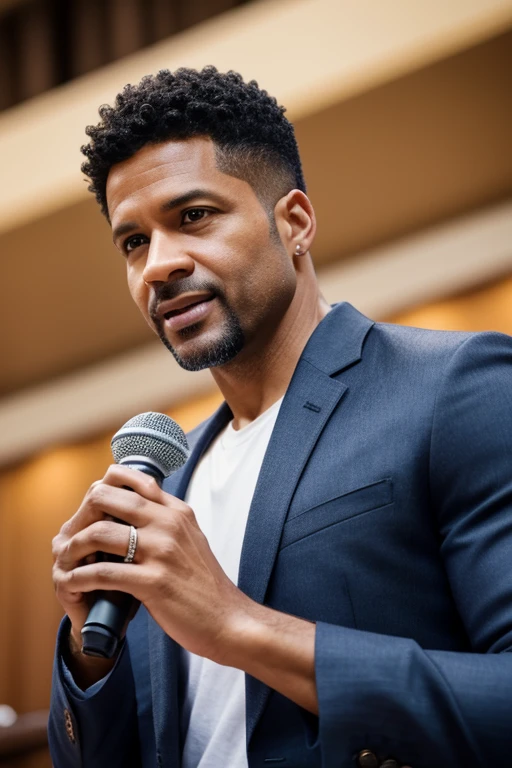 handsome male 40 years old, light skin mixed race brushback hair wearing a casual clothes preaching with microphone highlights with Men Wedding Ring detailed, auditorium hall talking with a young people hiquality, with a ring, hazel eyes, hyper-realistic, speaking happy, Realism, Canon, Nikon, 85mm, HD, 4K, best quality, high details, texture