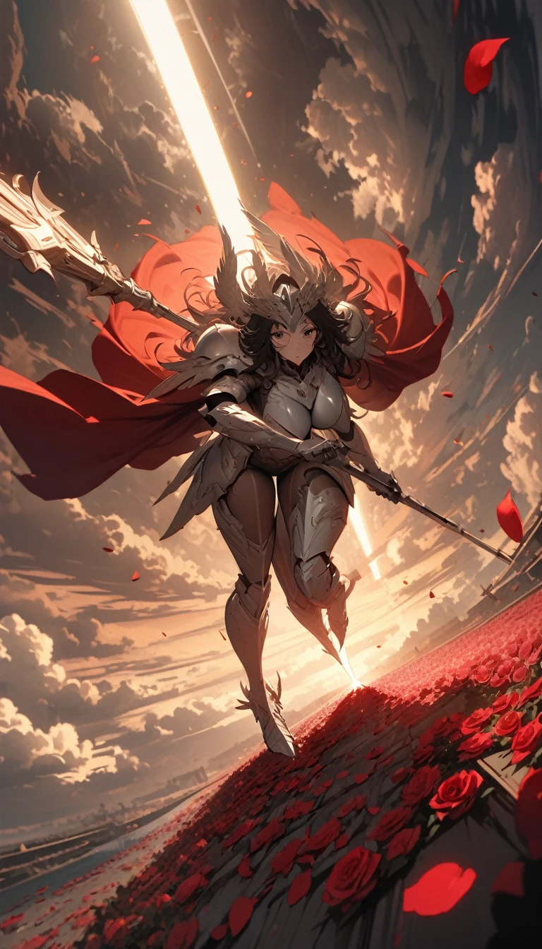 woman，((Holding an oversized and heavy scepter)), （（silver white）），Silver ancient heavy armor, Extra thick helmet，There are small wings on the sides, (((Smooth Mask)), Wrap the whole body, ((Red Cape)), ((Beautiful six-winged battle angel woman)), Handsome face, Full body view, (((Light beam)), (((feather)), ((Thick clouds under your feet)), (((Rose petals fall))), Stereoscopic perspective, masterpiece, Facial details, very good, 16k resolution, high quality, light, High Detail, Dynamic perspective, detailed, Epic Shooting