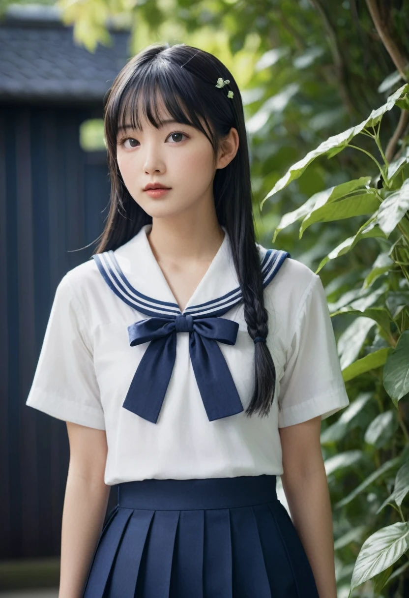 Portrait of a young East Asian girl in a navy blue and white sailor-style . She has long black hair styled in two braids, with straight bangs across her forehead. The girl has large, dark eyes and a small, delicate nose. Her expression is neutral, looking directly at the camera. The background shows a dark blue wooden wall with some green ivy or vine leaves visible to the side. The lighting is soft and natural, creating a slightly moody atmosphere. High-resolution image with sharp focus on the face

モデルShampoo Mix