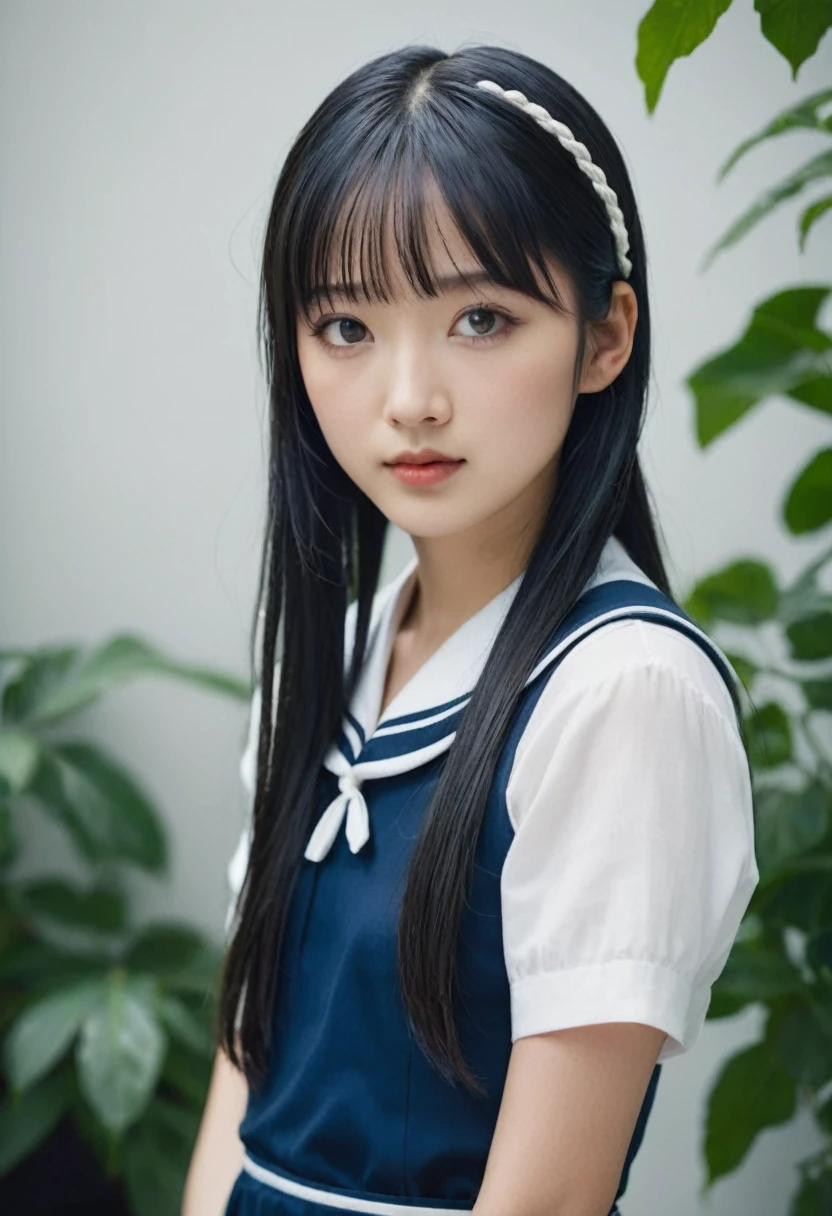Portrait of a young East Asian girl in a navy blue and white sailor-style . She has long black hair styled in two braids, with straight bangs across her forehead. The girl has large, dark eyes and a small, delicate nose. Her expression is neutral, looking directly at the camera. The background shows a dark blue wooden wall with some green ivy or vine leaves visible to the side. The lighting is soft and natural, creating a slightly moody atmosphere. High-resolution image with sharp focus on the face
モデルShampoo Mix