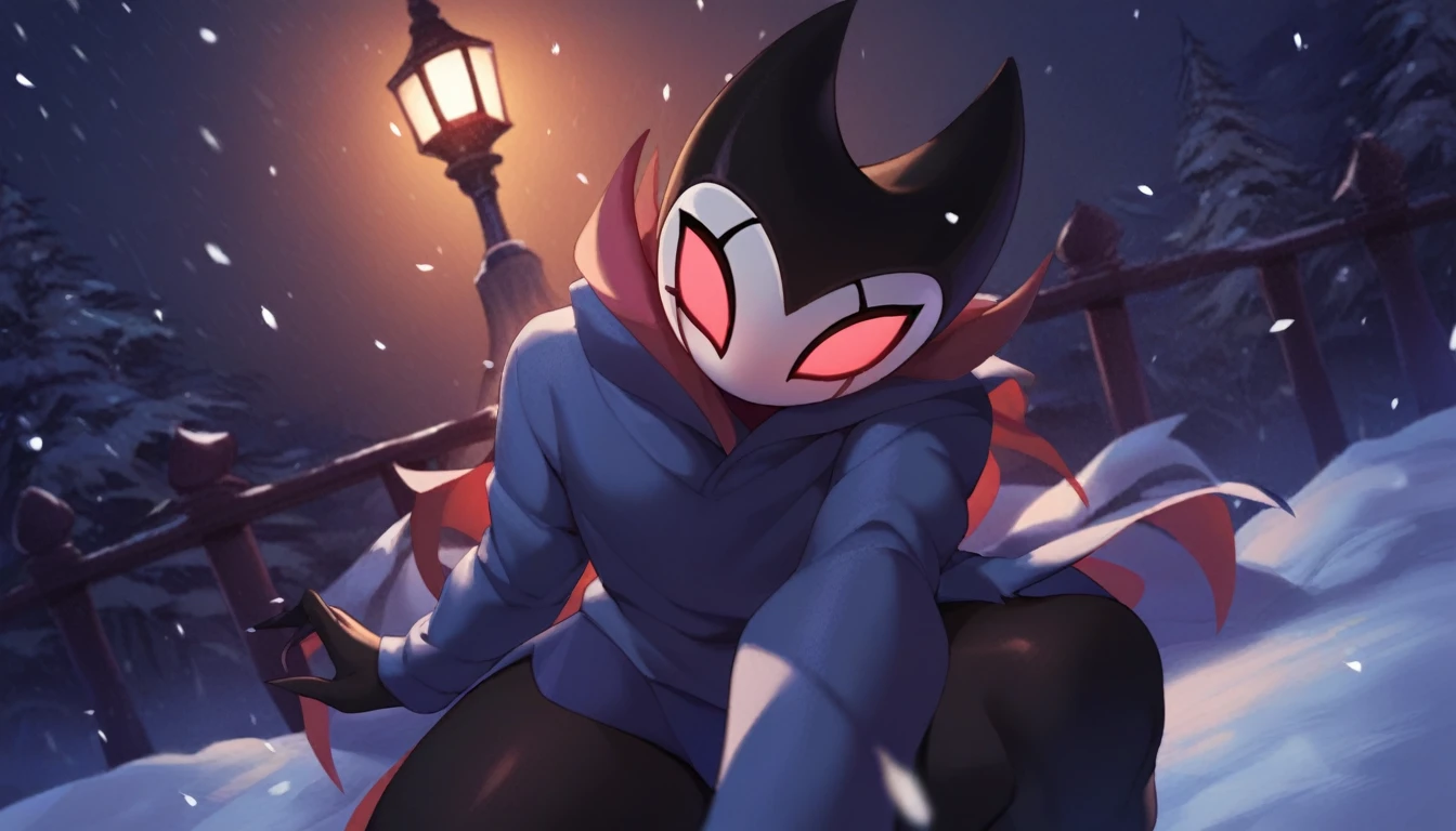 score_9, score_8_up, score_7_up, score_6_up, zPDXL2, grimm \(hollow knight\), vampire, bat, 1boy, solo, cute face, detailed eyes, anthro, clothed, landscape, looking at the viewer, thick thighs, highlight thighs, It's snowing outside, it's night, a lamp is on nearby, grabbing your shirt, pov, smug face, outdoor, winter coat