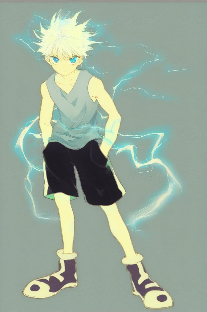 killua_zoldyck, 1boy, solo, looking at viewer, blue eyes, simple background, shirt, closed mouth, standing, full body, white hair, male focus, shoes, shorts, sleeveless, blue background, black shorts, tank top, spiked hair, hand in pocket, electricity, male , score_8_up, rating_safe