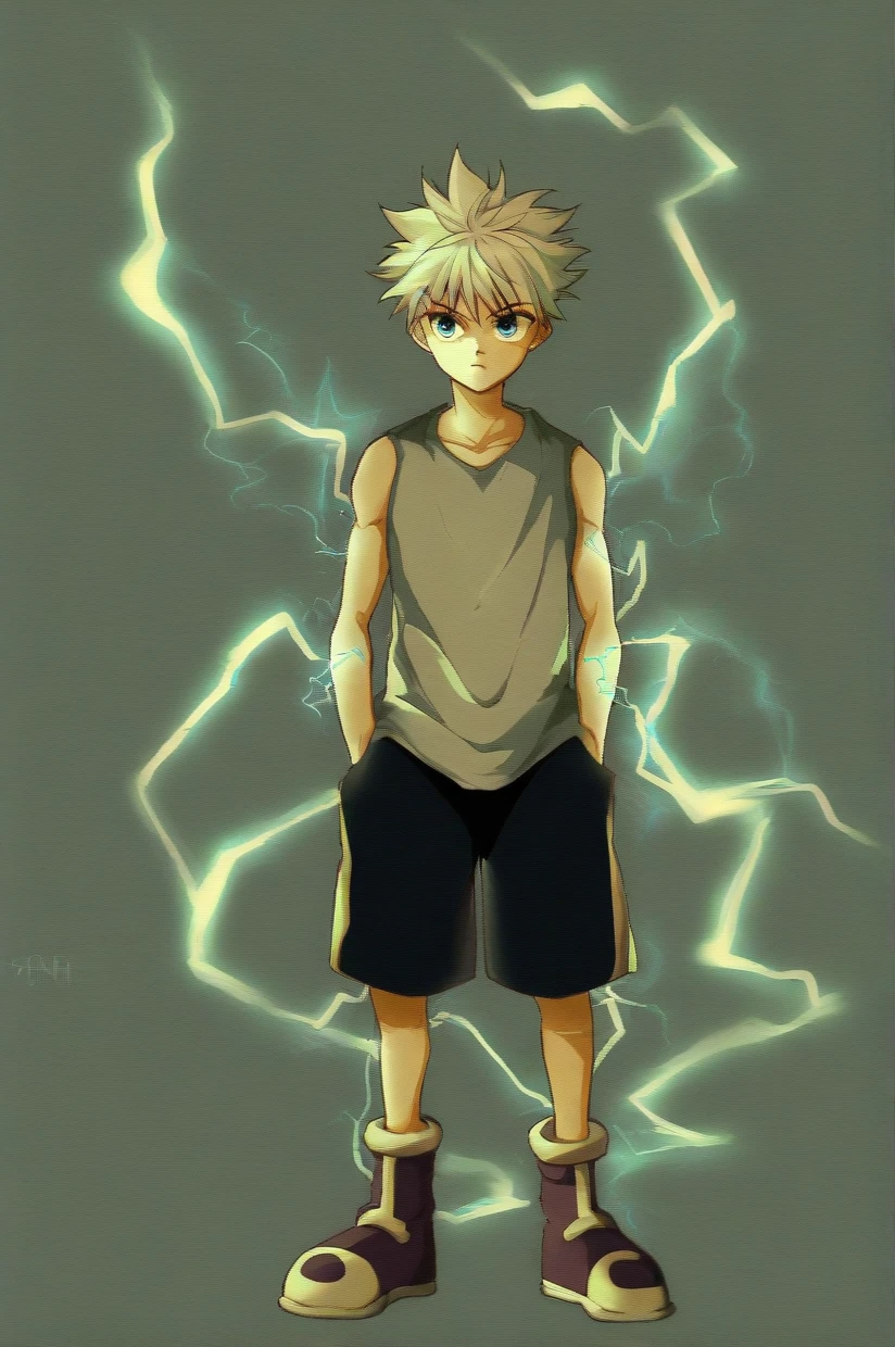 killua_zoldyck, 1boy, solo, looking at viewer, blue eyes, simple background, shirt, closed mouth, standing, full body, white hair, male focus, shoes, shorts, sleeveless, blue background, black shorts, tank top, spiked hair, hand in pocket, electricity, male , score_8_up, rating_safe 