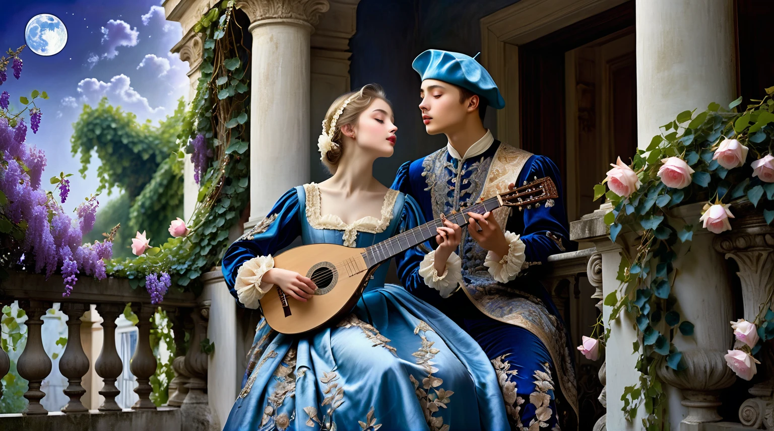 A young man dressed in a beret and brocade outfit plays a serenade on a lute ((under a balcony)) covered with ivy and wisteria, on the balcony stands a beautiful girl dressed in a blue- pearlised moiré dress, she inhales the fragrance of a rose and admires the full moon. Renaissance, Romanticism, Neoclassical.