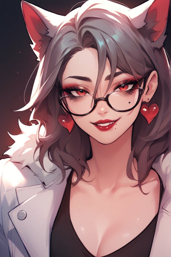 One woman ,wolf cut hairstyle ,red lipstick,black glasses,sharp jawline,face makeup,mole under right eye, heart earrings ,dark red eyes,black crop top,black pants,white jacket