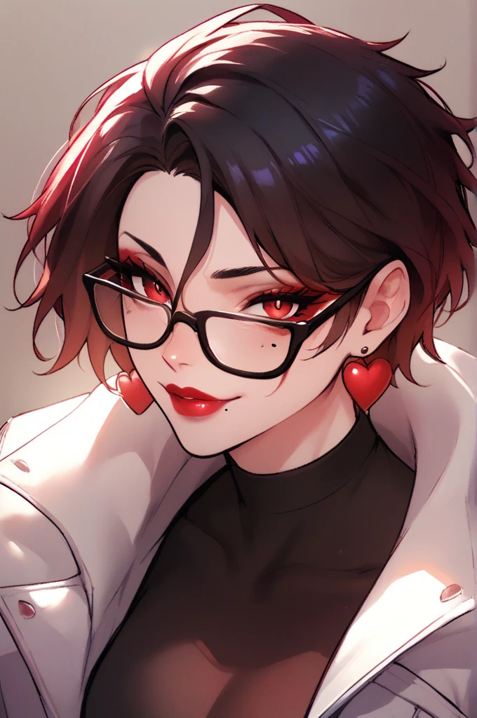 One woman ,wolf cut hairstyle ,red lipstick,black glasses,sharp jawline,face makeup,mole under right eye, heart earrings ,dark red eyes,black crop top,black pants,white jacket
