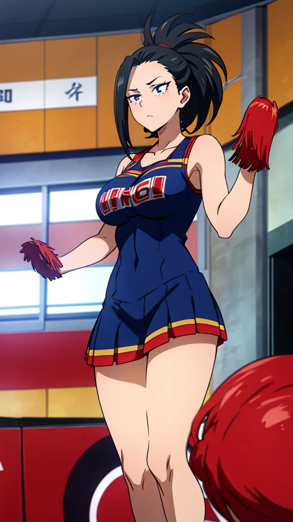 Yaoyorozu , standing , pov from top , big eyes , beautiful face , eyelashes , hot , cheerleader outfit , my hero academia style , big round breasts , sexy , thighs , anime style , cell shading , revealing thighs