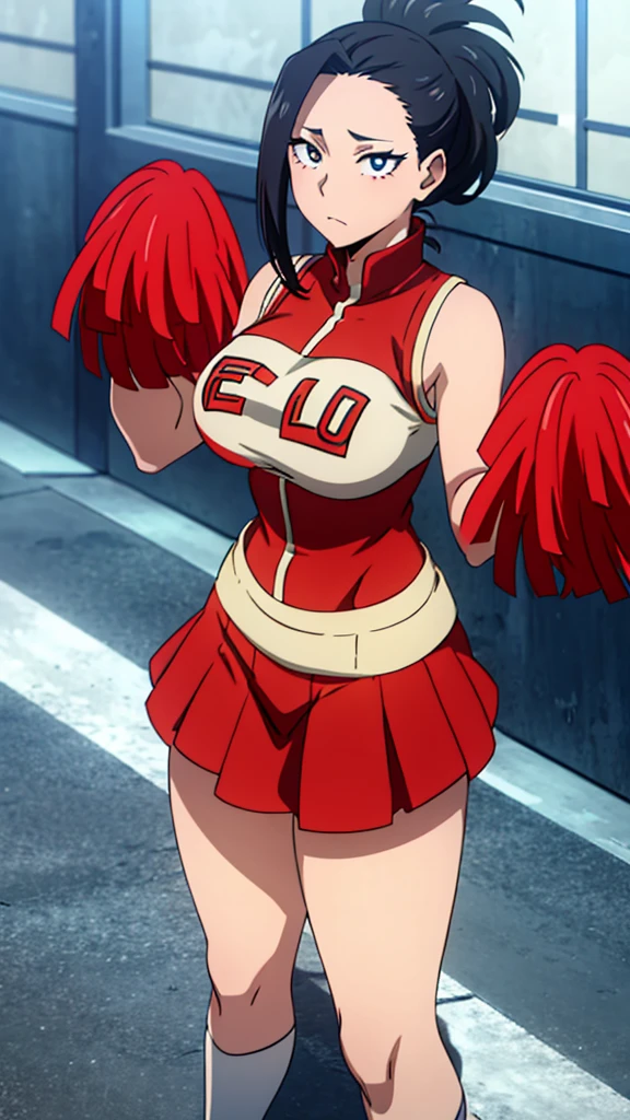 Yaoyorozu , standing , pov from top , big eyes , beautiful face , eyelashes , hot , cheerleader outfit , my hero academia style , big round breasts , sexy , thighs , anime style , cell shading , revealing thighs