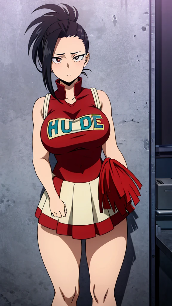 Yaoyorozu , standing , pov from top , big eyes , beautiful face , eyelashes , hot , cheerleader outfit , my hero academia style , big round breasts , sexy , thighs , anime style , cell shading , revealing thighs
