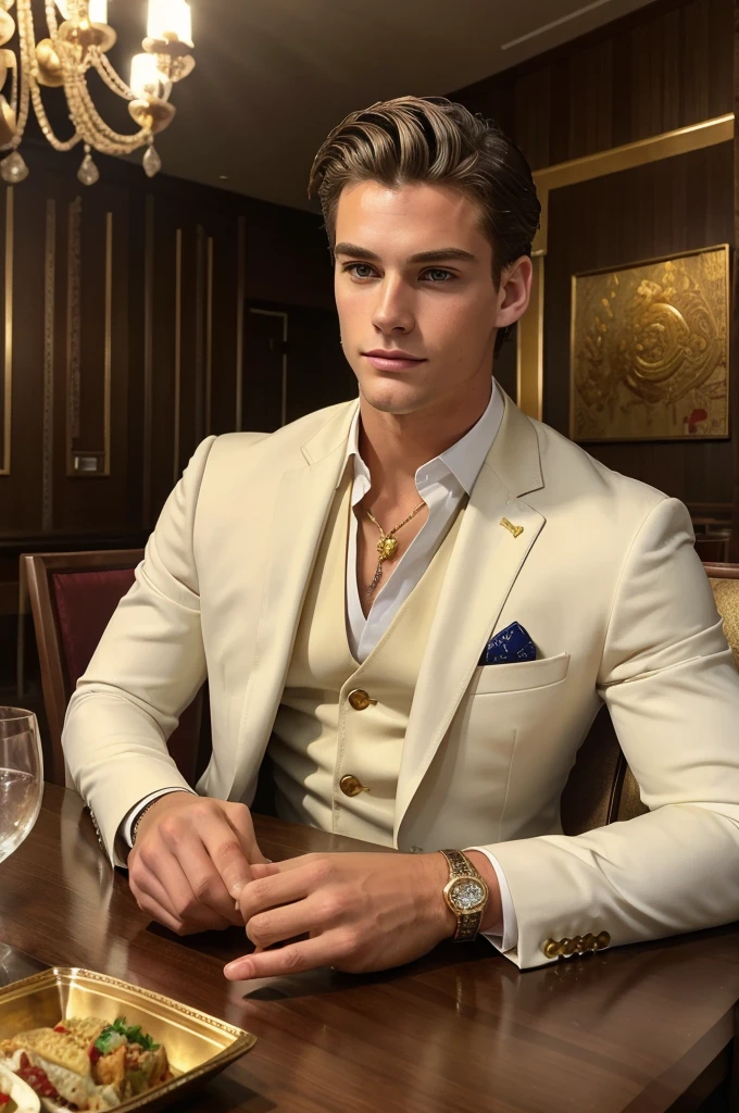 ((best quality)), ((masterpiece)), (detailed), perfect faceA fit handsome rich white boy in suit and gold locket in neck ,sitting in luxury dining hall and eating luxury vegetarian food on a large dining table. And bodyguard standing back with advanced guns and advanced gadget