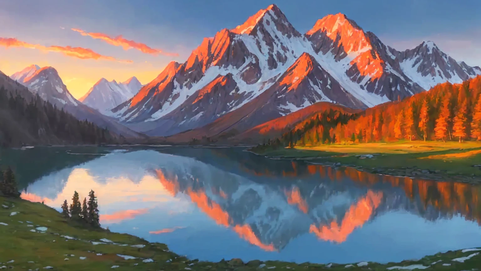 Real，Realistic，Detailed，Mountain landscape，Mountains and lakes，Sunrise over the mountains，Vibrant colors，Beautiful reflection of the water surface，oil，Painting，Silence，Warm colors，８k sharpness
