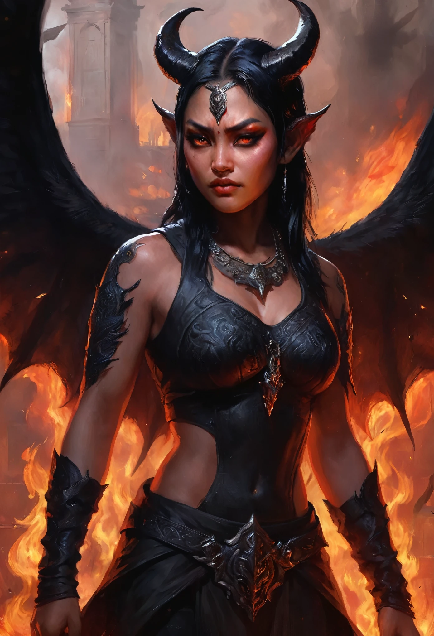Detailed digital painting of full body female Baldur's Gate 3 Demon Mizora, Amita Suman, stunning pretty but mean facial traits, grey skin, leathery huge and black demonwings, fiery and ominous atmosphere, high quality, digital painting, menacing demonic features, glowing eyes, intense expression, swirling background flames, dark and foreboding color tones, intricate horns, fiery backdrop, dramatic lighting