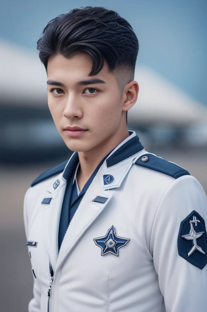 A young korean boy, (detailed air-force pilot uniform:1.5), (white pilot captain jacket:1.3), (white military pants ), full body shoot, detailed clothes, ( air force base runway view background:1.3), looking at viewer, facing the viewer, cinematic light, detailed fingers, Quiff haircut, look at camera, detailed facial parts, Manly, Active, Freestyle Pose, Happy Expression, perfect anatomy, symmetric body, 19 years old, high detail, asian, realistic, human skin, Short Hairstyle, handsome chad chin, handsome, masculine, attractive, human skin, (eyes contact), Handsome, Attractive