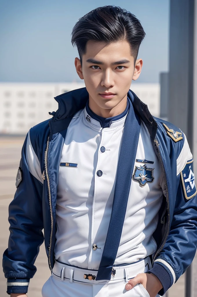 A young korean boy, (detailed air-force pilot uniform:1.5), (white pilot captain jacket:1.3), (white military pants ), full body shoot, detailed clothes, ( air force base runway view background:1.3), looking at viewer, facing the viewer, cinematic light, detailed fingers, Quiff haircut, look at camera, detailed facial parts, Manly, Active, Freestyle Pose, Happy Expression, perfect anatomy, symmetric body, 19 years old, high detail, asian, realistic, human skin, Short Hairstyle, handsome chad chin, handsome, masculine, attractive, human skin, (eyes contact), Handsome, Attractive