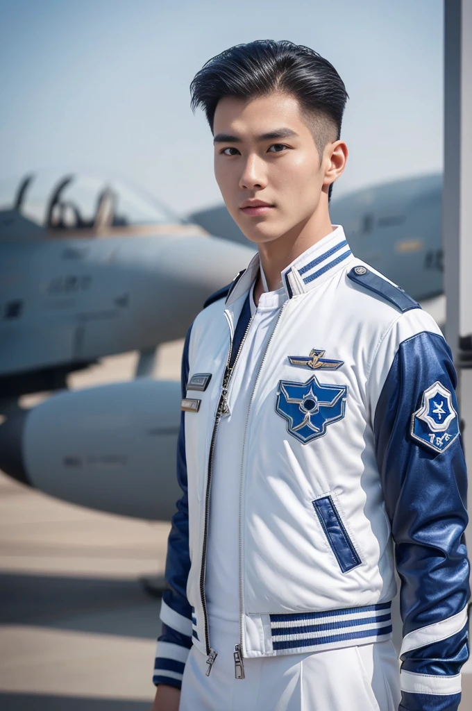A young korean boy, (detailed air-force pilot uniform:1.5), (white pilot captain jacket:1.3), (white military pants ), full body shoot, detailed clothes, ( air force base runway view background:1.3), looking at viewer, facing the viewer, cinematic light, detailed fingers, Quiff haircut, look at camera, detailed facial parts, Manly, Active, Freestyle Pose, Happy Expression, perfect anatomy, symmetric body, 19 years old, high detail, asian, realistic, human skin, Short Hairstyle, handsome chad chin, handsome, masculine, attractive, human skin, (eyes contact), Handsome, Attractive