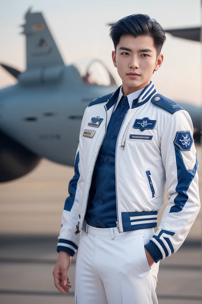 A young korean boy, (detailed air-force pilot uniform:1.5), (white pilot captain jacket:1.3), (white military pants ), full body shoot, detailed clothes, ( air force base runway view background:1.3), looking at viewer, facing the viewer, cinematic light, detailed fingers, Quiff haircut, look at camera, detailed facial parts, Manly, Active, Freestyle Pose, Happy Expression, perfect anatomy, symmetric body, 19 years old, high detail, asian, realistic, human skin, Short Hairstyle, handsome chad chin, handsome, masculine, attractive, human skin, (eyes contact), Handsome, Attractive