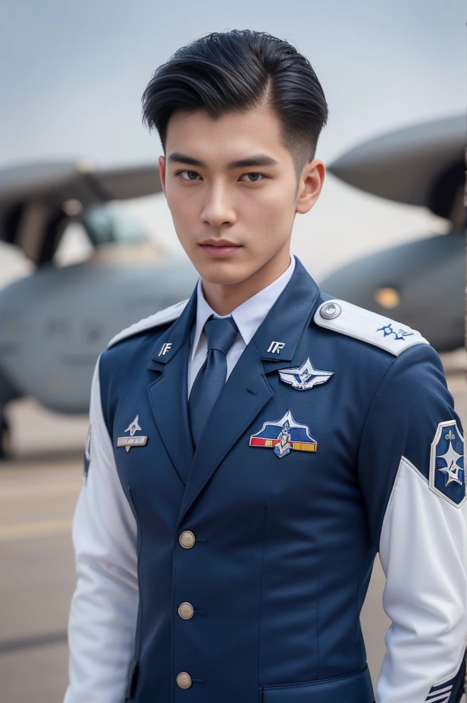 A young korean boy, (detailed air-force pilot uniform:1.5), (white pilot captain jacket:1.3), (white military pants ), full body shoot, detailed clothes, ( air force base runway view background:1.3), looking at viewer, facing the viewer, cinematic light, detailed fingers, Quiff haircut, look at camera, detailed facial parts, Manly, Active, Freestyle Pose, Happy Expression, perfect anatomy, symmetric body, 19 years old, high detail, asian, realistic, human skin, Short Hairstyle, handsome chad chin, handsome, masculine, attractive, human skin, (eyes contact), Handsome, Attractive