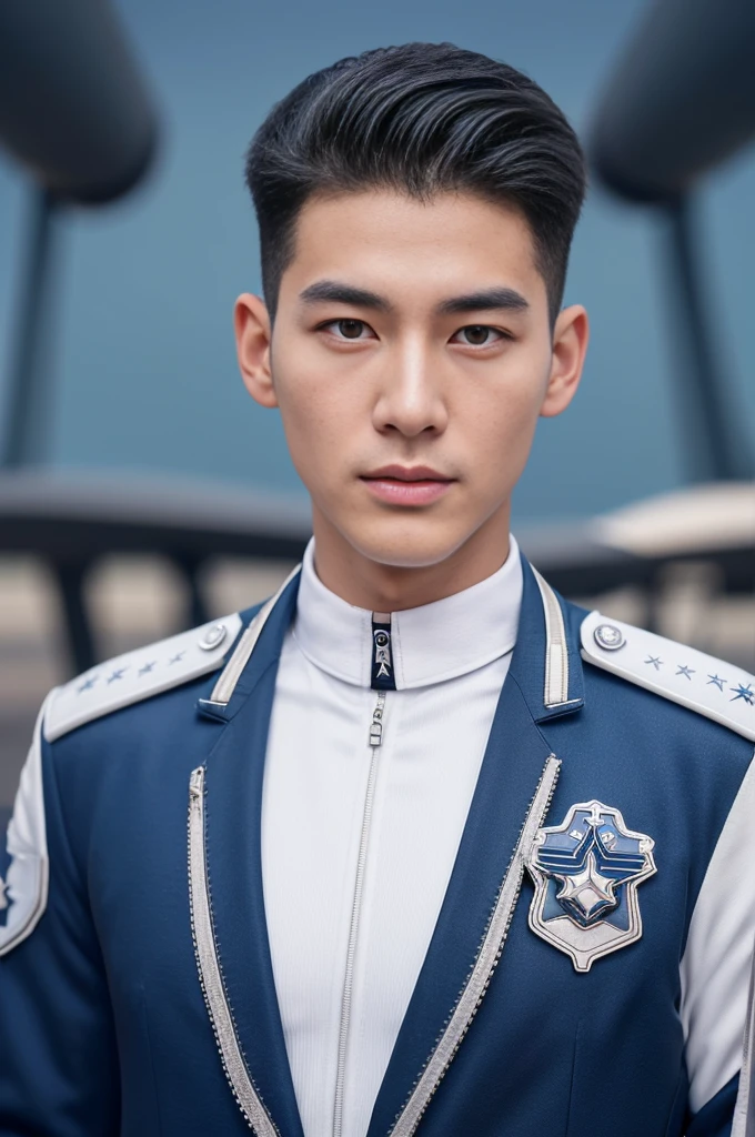 A young korean boy, (detailed air-force pilot uniform:1.5), (white pilot captain jacket:1.3), (white military pants ), full body shoot, detailed clothes, ( air force base runway view background:1.3), looking at viewer, facing the viewer, cinematic light, detailed fingers, Quiff haircut, look at camera, detailed facial parts, Manly, Active, Freestyle Pose, Happy Expression, perfect anatomy, symmetric body, 19 years old, high detail, asian, realistic, human skin, Short Hairstyle, handsome chad chin, handsome, masculine, attractive, human skin, (eyes contact), Handsome, Attractive
