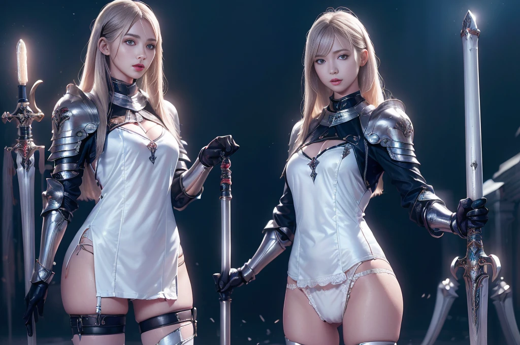 Top quality, masterpiece, very high resolution, (photorealistic: 1.4), Raw photo, 2 girls, long straight blond hair cut in a bob, light blue eyes, (beautiful breasts)、shiny skin、(( (beautiful detailed European faces)))、With a beautiful sword and shield、gorgeous and resplendent luminous girls,(Beautiful silver sexy armor、(((Random straight hair))),(((beautiful legs))), (proportionate breasts ), Seductive look, ((Background of beautiful decaying dungeon ruins)), (Ultimate beauty), (Detailed and realistic beauty face), ((see pantie)), (Small LED), ((Super realistic details)), portlate, global lighting, Shadow, octane rendering, 8k, ultra-sharp, exposed raw skin in neckline, metals, Intricate ornament details, very intricate details, Lightweight and realistic (Mystical expression), CGSoation trend, bright eyes, Facing the camera), Gundam, Small LED.