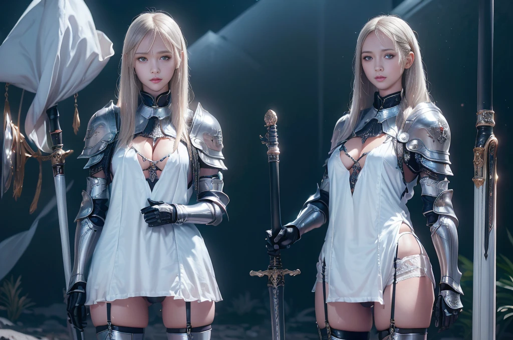 Top quality, masterpiece, very high resolution, (photorealistic: 1.4), Raw photo, 2 girls, long straight blond hair cut in a bob, light blue eyes, (beautiful breasts)、shiny skin、(( (beautiful detailed European faces)))、With a beautiful sword and shield、gorgeous and resplendent luminous girls,(Beautiful silver sexy armor、(((Random straight hair))),(((beautiful legs))), (proportionate breasts ), Seductive look, ((Background of beautiful decaying dungeon ruins)), (Ultimate beauty), (Detailed and realistic beauty face), ((see pantie)), (Small LED), ((Super realistic details)), portlate, global lighting, Shadow, octane rendering, 8k, ultra-sharp, exposed raw skin in neckline, metals, Intricate ornament details, very intricate details, Lightweight and realistic (Mystical expression), CGSoation trend, bright eyes, Facing the camera), Gundam, Small LED.