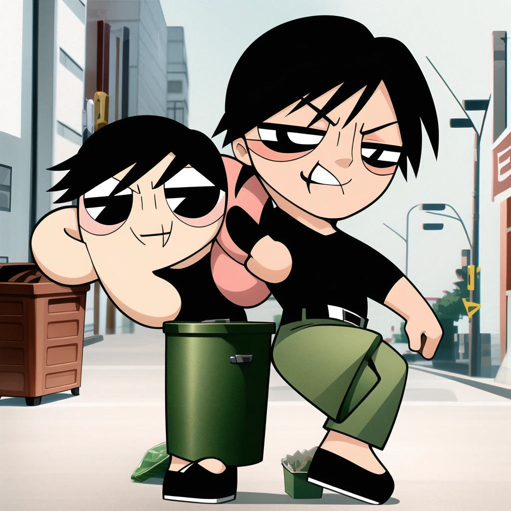 ushiguro toji, muscular male, black shirt, short sleeves, pants, monster edgGesugao, cute smile, full body, chibi, black hair, rubbish bin background, (((Solo)))