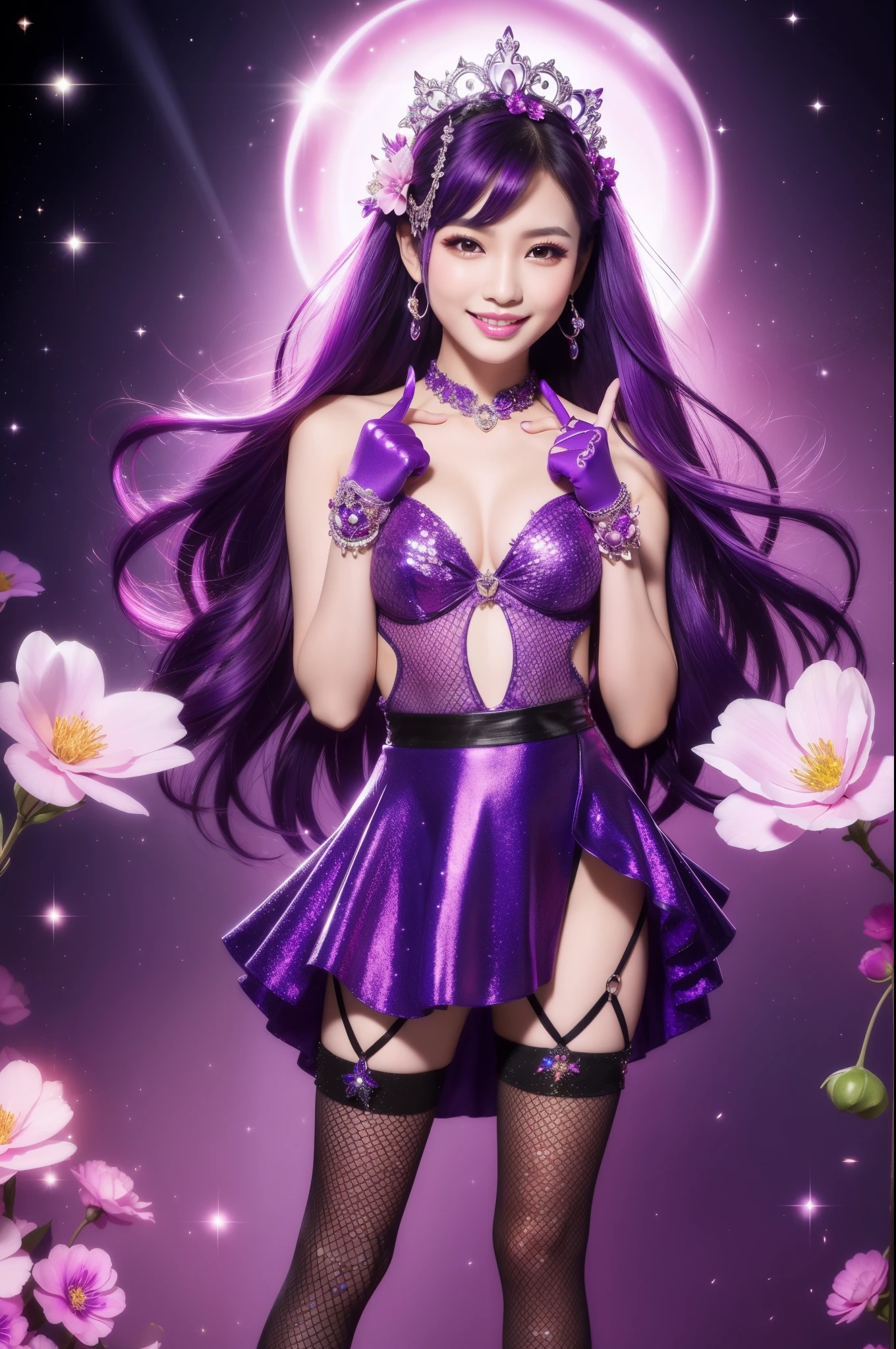 sexy Thai model who controls poison、beautiful smile、lipgloss、intense makeup、look at the camera、full body Esbian、、sparkling poisoned flower costume (purple)、、、、shiny sparkling multicolor hair、secrete poison、skull hair accessories、fishnet tights、shiny sparkling flowers background