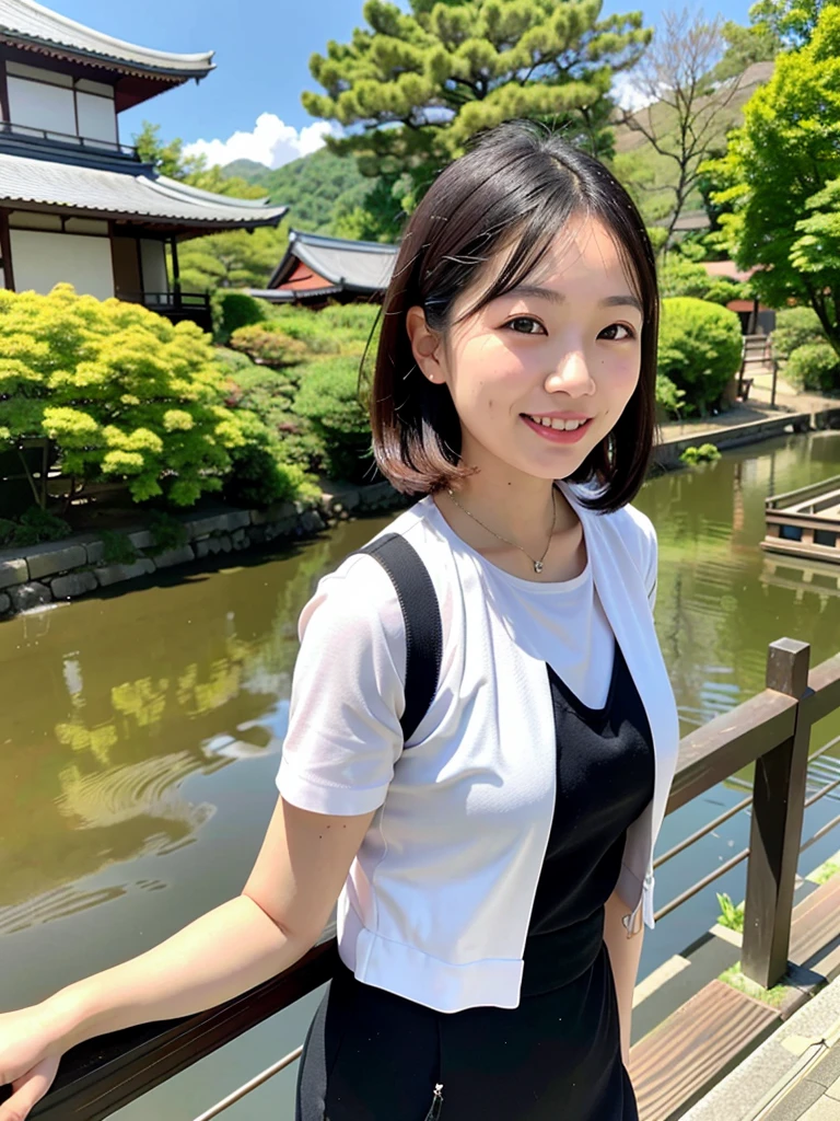 Smiling Asian woman with Kyoto river in the background